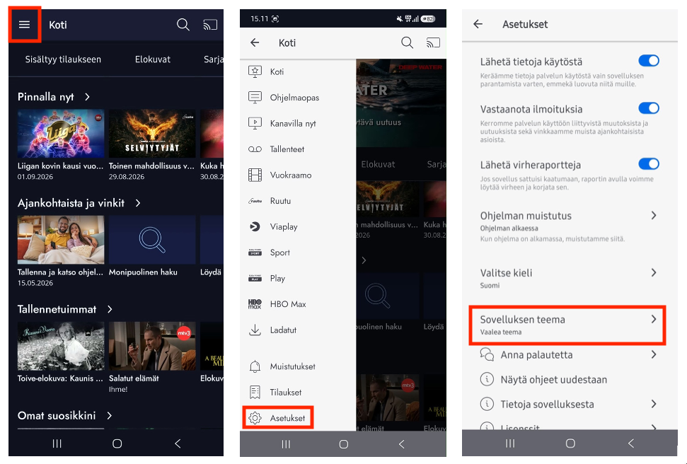 Kuva kertoo kuinka Android-sovelluksessa muutetaan teemaa